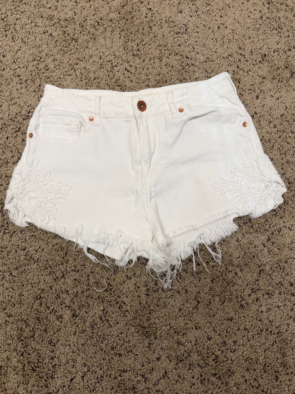 Bullhead White Embroidered Frayed Hem Denim Shorts